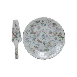 Andrea by Sadek Party Cake Server Plate & Matching‎ Knife CORONA Pattern 8478
